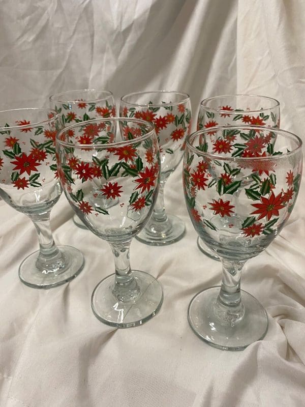 vintage Christmas wine glasses red poinsettia flower design