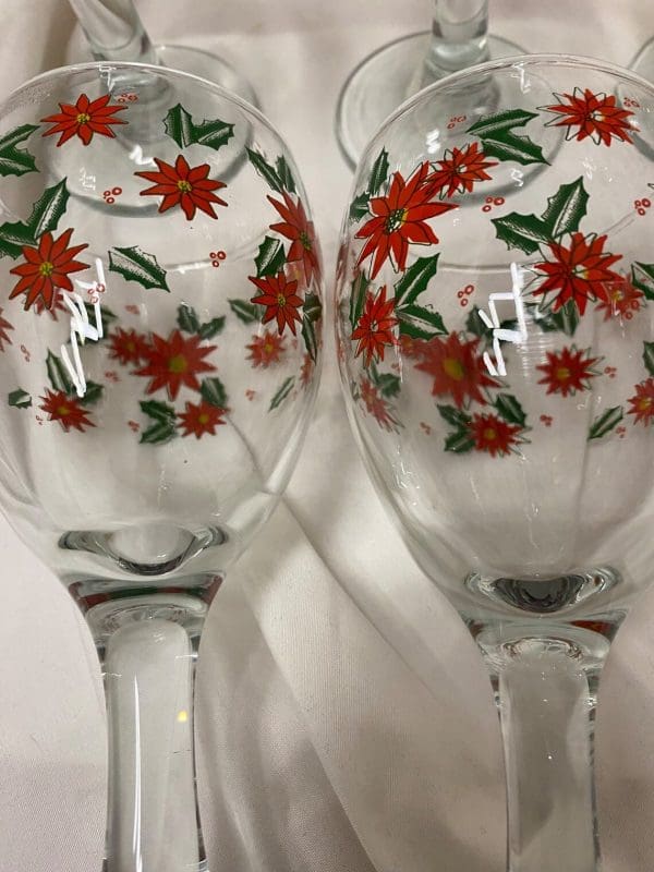 vintage Christmas wine glasses detail of red flower