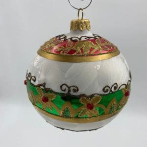 Christopher Radko vintage ornaments frosted white with red green and gold