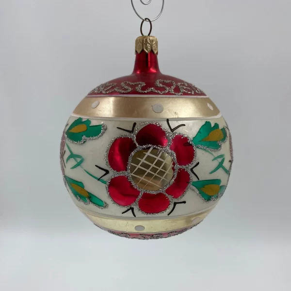 vintage Christopher Radko Christmas ornaments red flower green leaves silver glitter