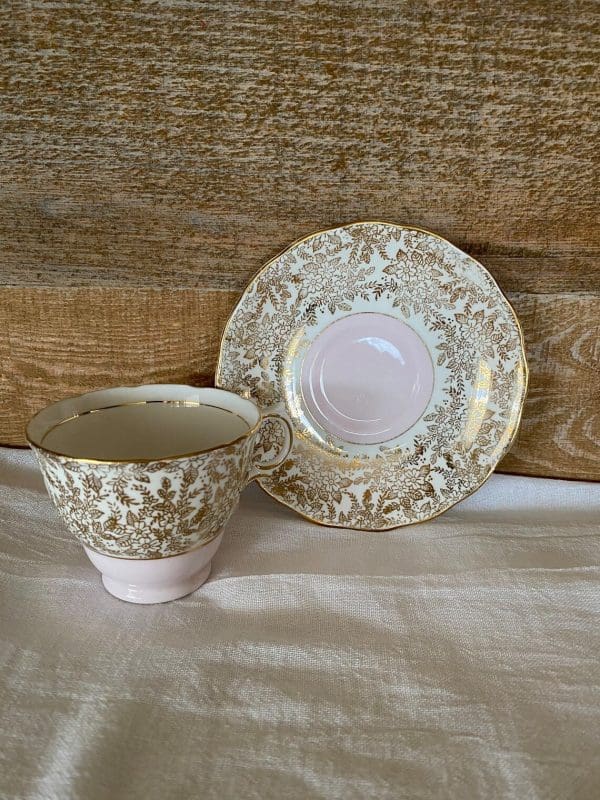 Colclough china tea cup pink, white and gold floral standard view