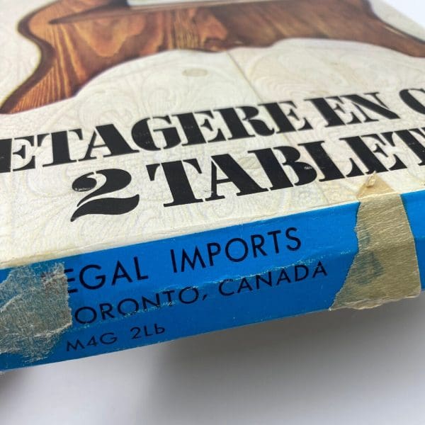 vintage wood corner shelf end of box flap showing Regal Imports Canada