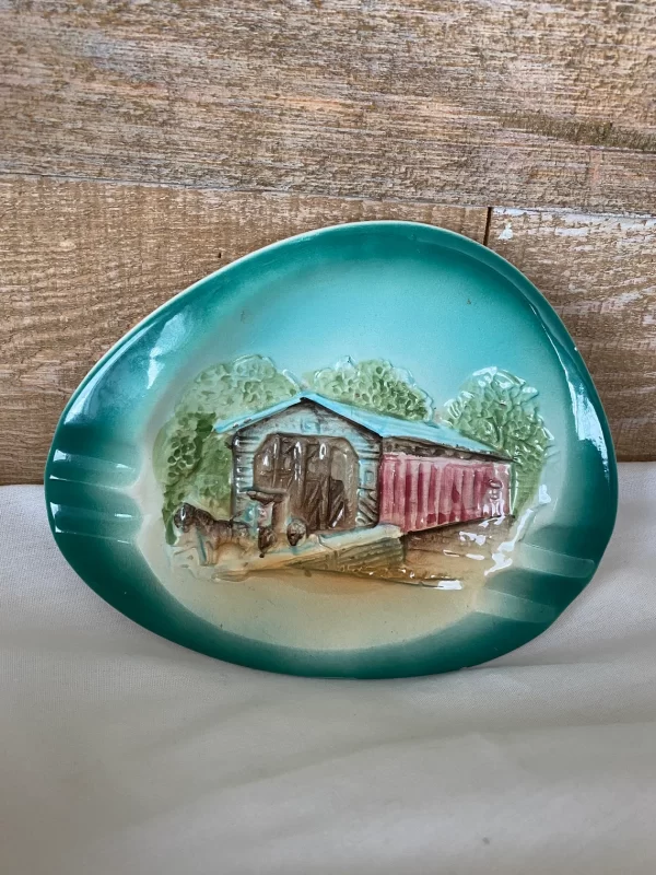 Porcelain ashtray vintage covered bridge depiction