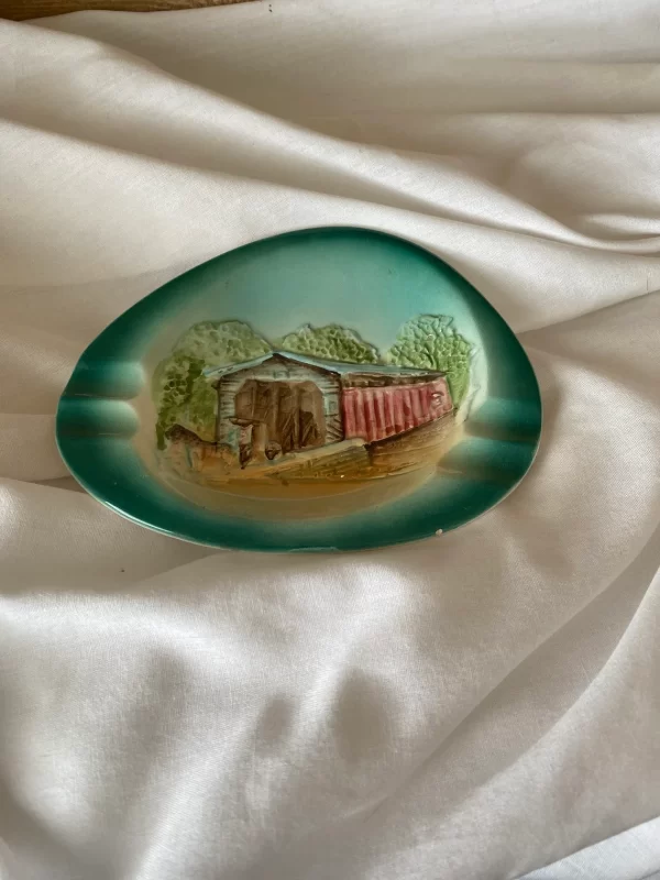 Porcelain ashtray vintage covered bridge depiction top 2