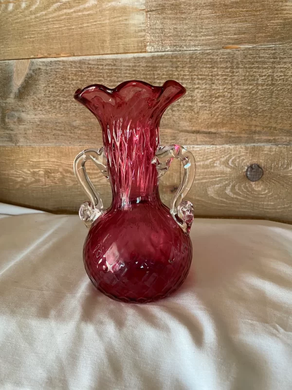 vintage cranberry glass vase front facing