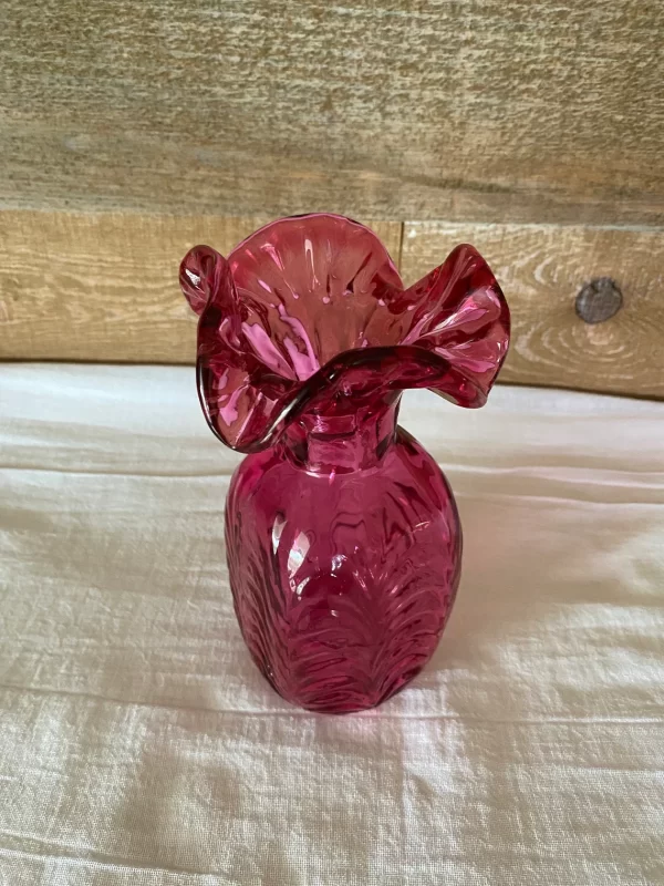 cranberry glass vase vintage ruffle top