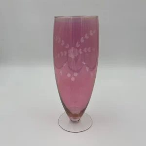 vintage pink glass vase etched