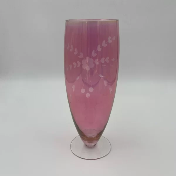 vintage pink glass vase etched