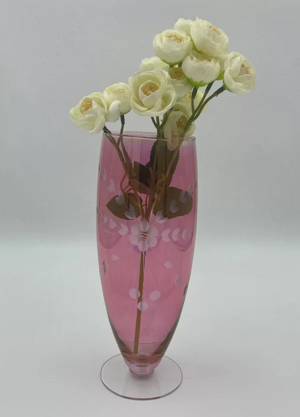 vintage pink glass vase with flowers