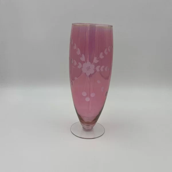 vintage pink glass vase flower etched