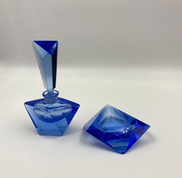 blue crystal perfume bottle pair with trinket dish