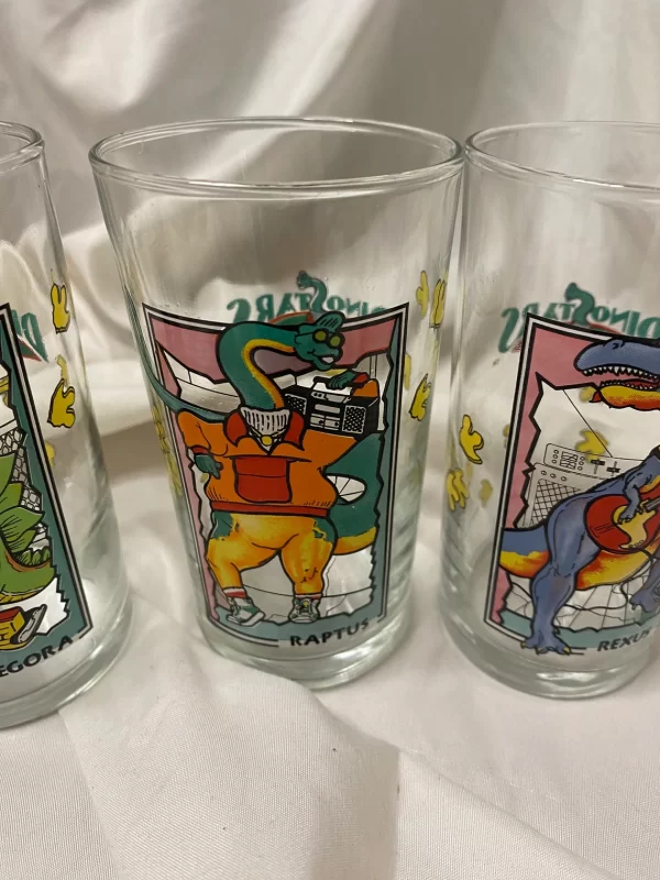 dinosaur drinking glasses front of three