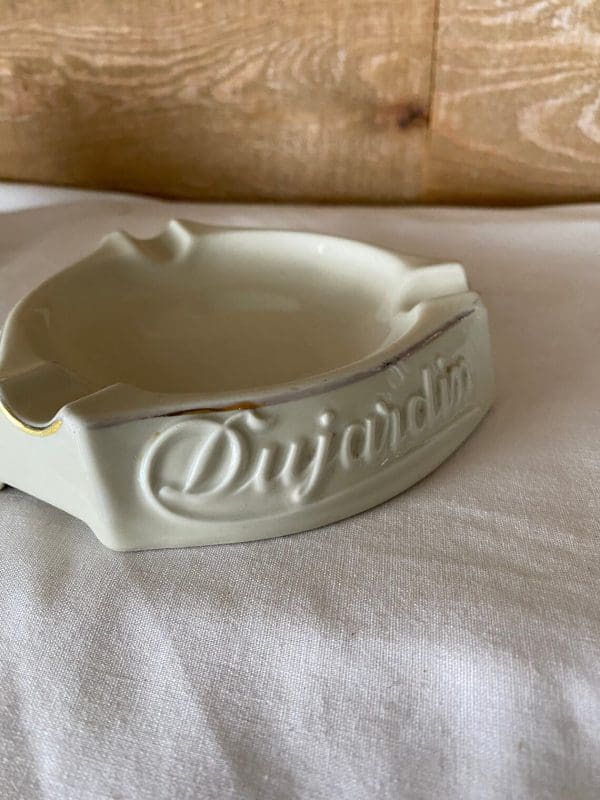 Vintage Dujardin ashtray white cream view showing wording Dujardin