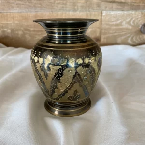 etched brass vase from India display