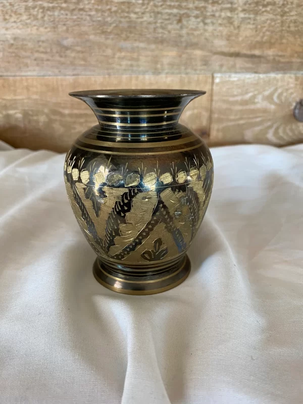 etched brass vase from India display