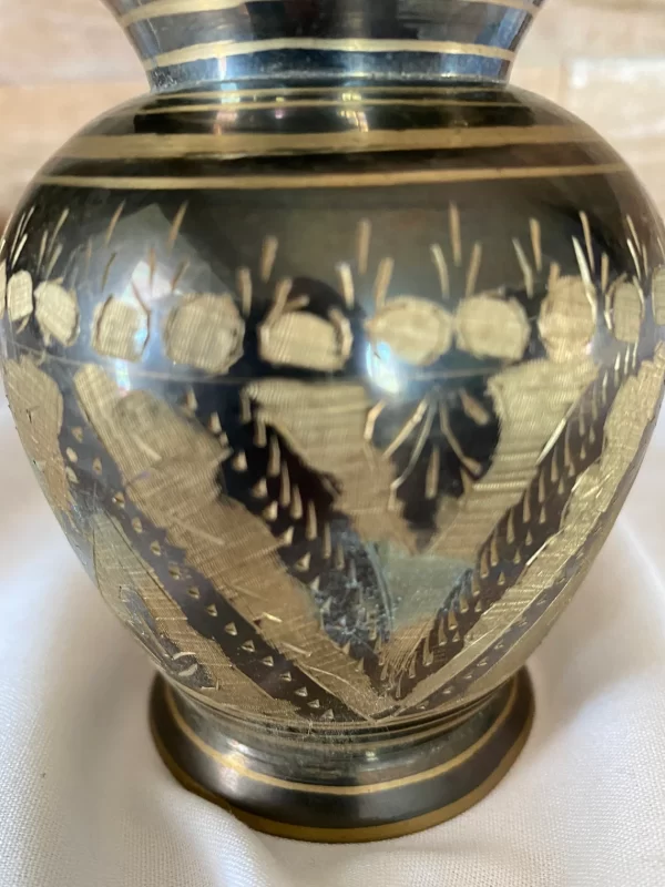 etched brass vase from India close