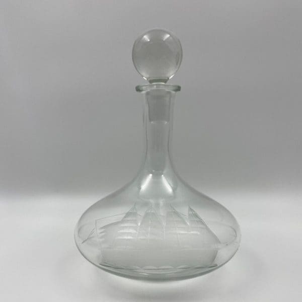 decanter with etched ship close front decanter with ball type stopper