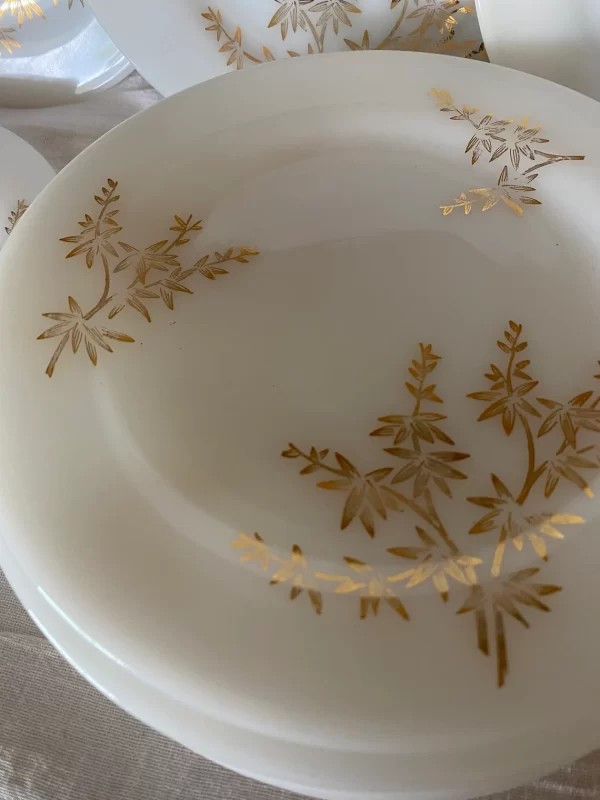 milk glass plates Federal Golden Glory set of ten close front design golden flowers