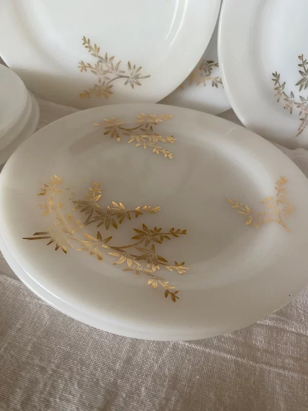 milk glass plates Federal Golden Glory set of ten showing the gold design on the plate face