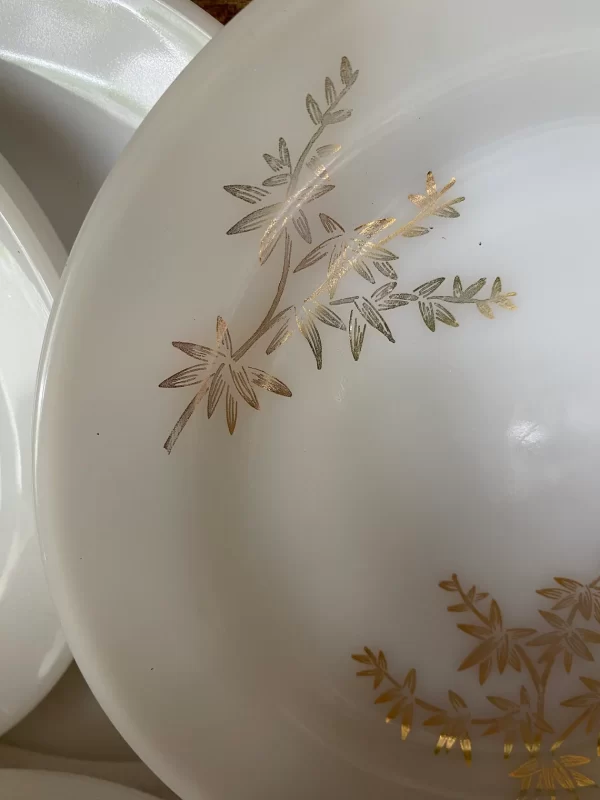 milk glass plates Federal Golden Glory set of ten beautiful gold floral design on white milk glass