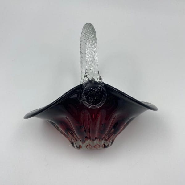 ruby red glass basket side view