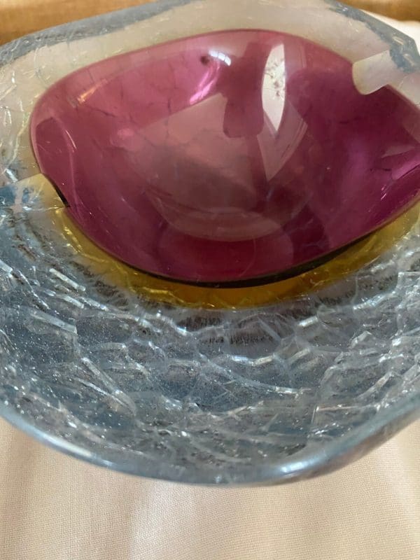 Vintage Murano glass ashtray geode design blue, pink, yellow crackle glass close