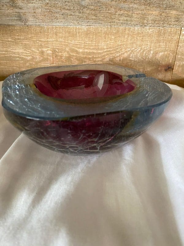 Vintage Murano glass ashtray geode design blue, pink, yellow crackle glass side view closeup