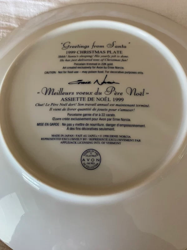 1999 Avon Christmas plate back