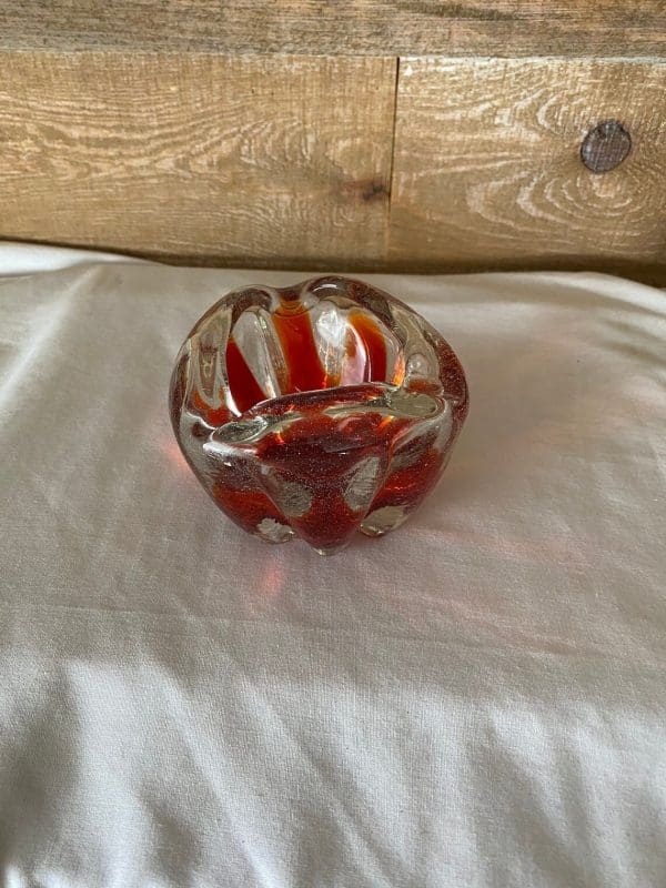 Red glass ashtray vintage art glass top view