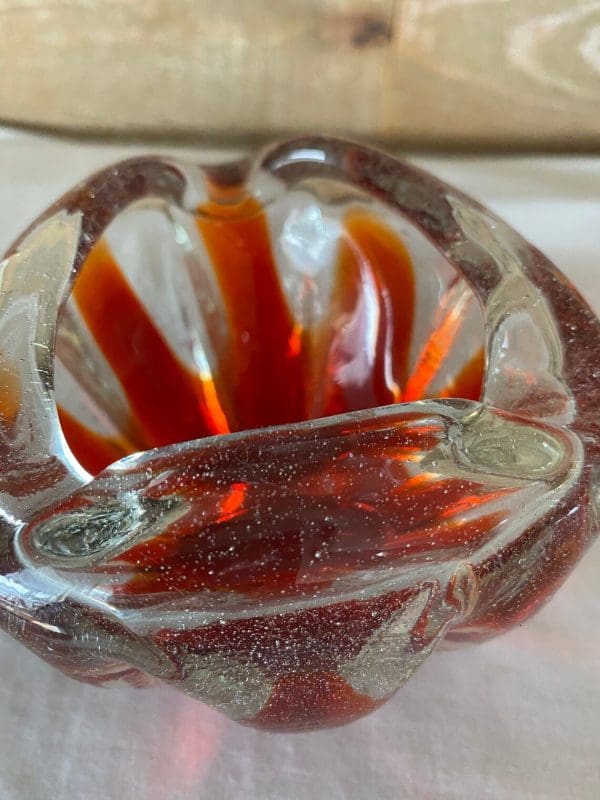 Red glass ashtray vintage art glass close