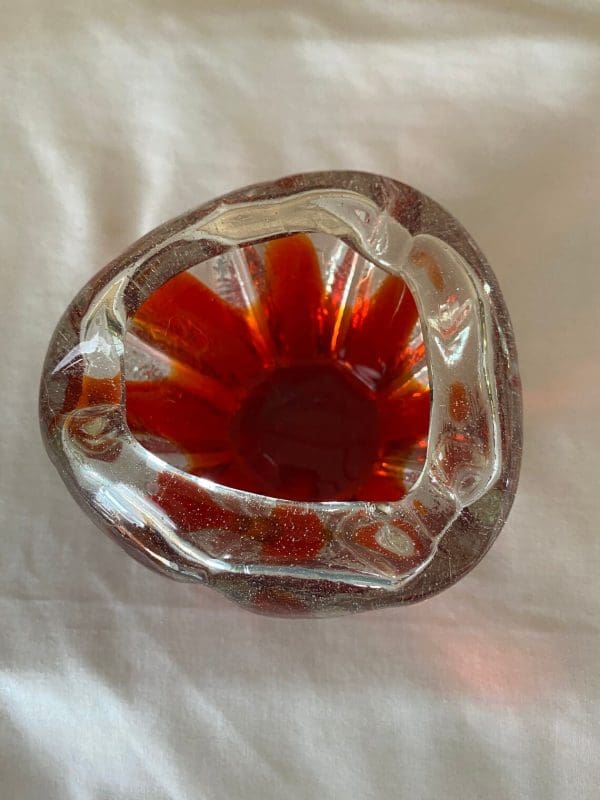 Red glass ashtray vintage art glass top view3