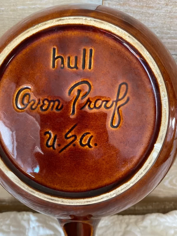 Hull Pottery brown drip pot close of bottom signed