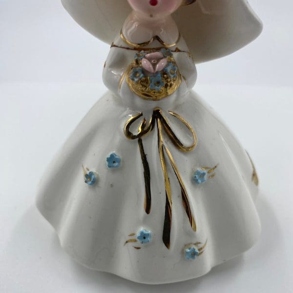 Josef Originals figurines bride dress close showing detail of blue flowers