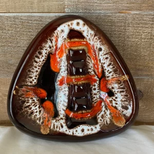 Ceramic cigar ashtray vintage brown glaze orange and white abstract design