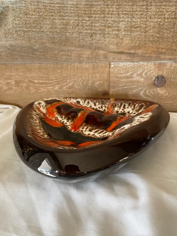 Ceramic cigar ashtray vintage brown glaze orange and white abstract design standard view from side