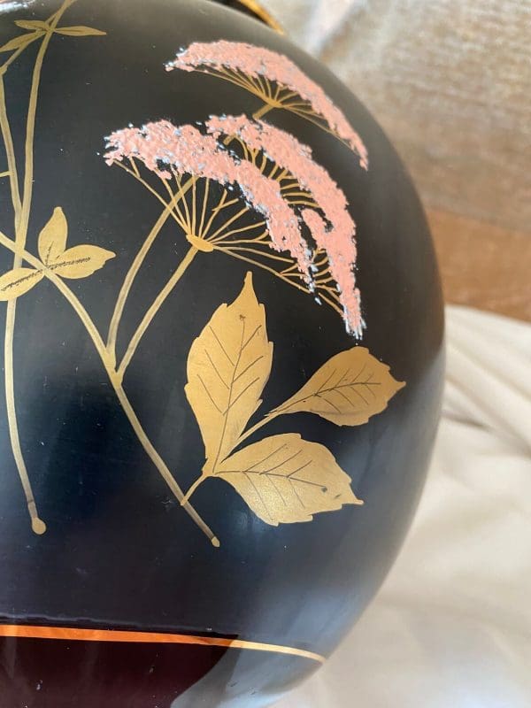 black glass vase vintage gold leaf