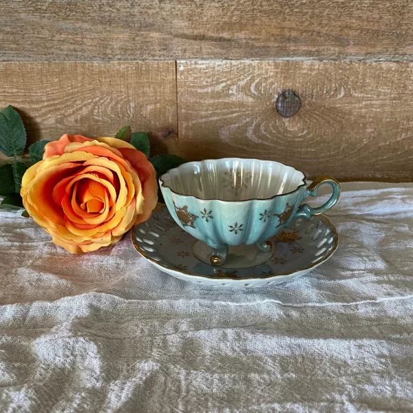 Lefton china hand painted tea cup and saucer blue with gold snowflakes