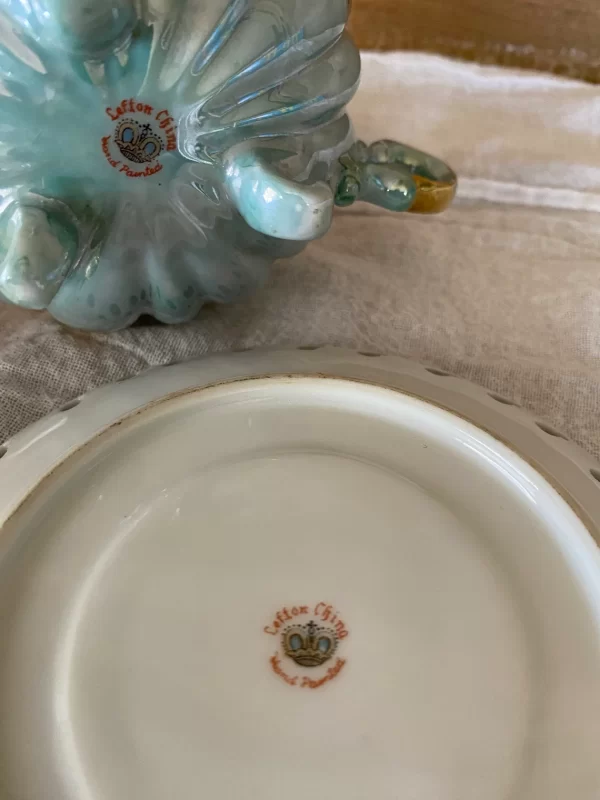 Lefton china hand painted tea cup and saucer blue with gold snowflakes showing bottoms and markings