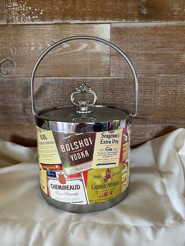 vintage chrome ice bucket with liquor labels 1960s