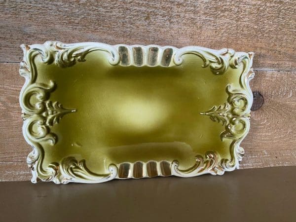 Japan ashtray olive green with white scrolling trim, rectangle 1950s