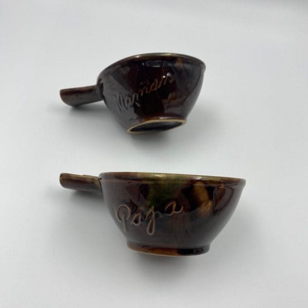 vintage pottery bowls on side showing Mama and papa handled