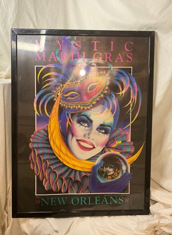 Vintage Mardi Gras posters signed Andrea Mistretta numbered 224/500 1990. Black framed