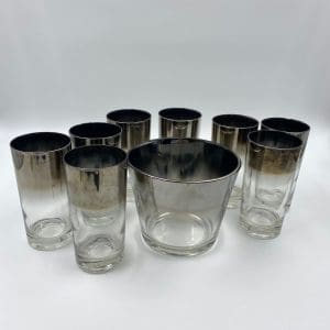 vintage Dorothy Thorpe glassware ice bucket with highball tumbler set of eight MCM barware silver glass