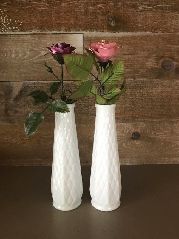 vintage white milk glass vases with roses