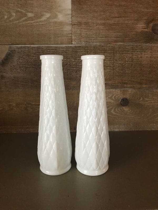 vintage white milk glass vases side by side