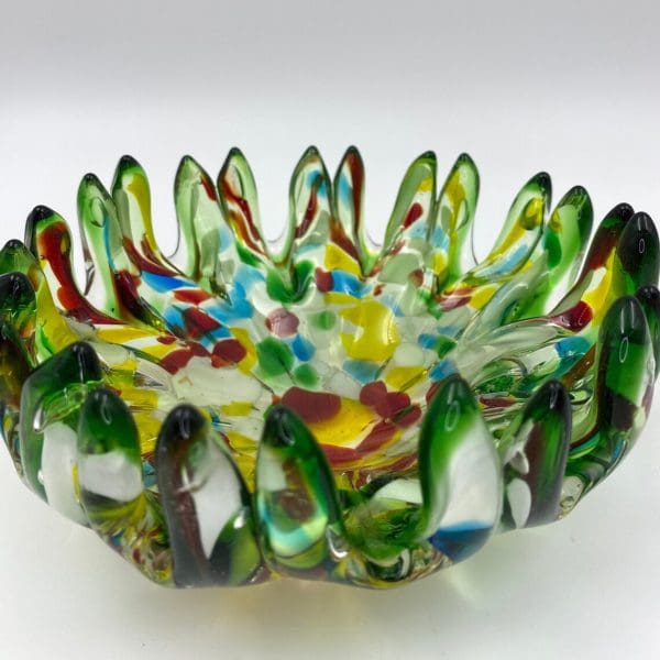 vintage Murano glass bowl Tutti Frutti finger bowl close view of colors and fingers