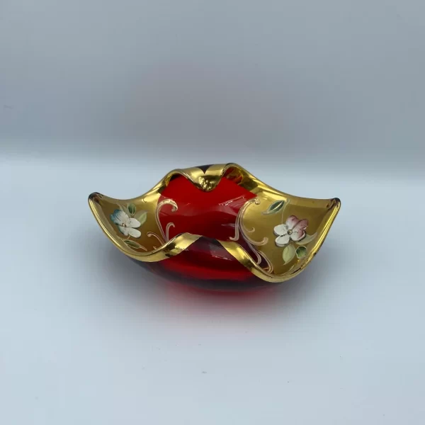 Red Murano glass Venetian gold gilded dish. Gold ends triangular shape with turned up sides.