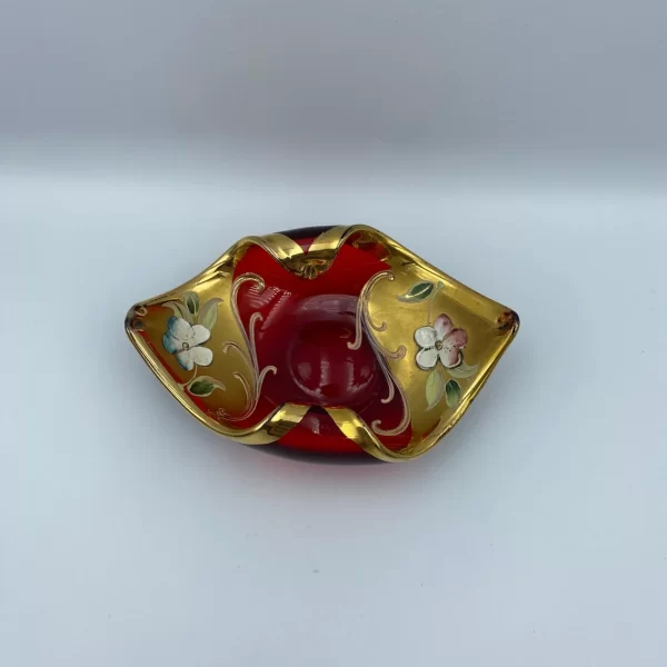 Red Murano glass Venetian gold gilded dish side view