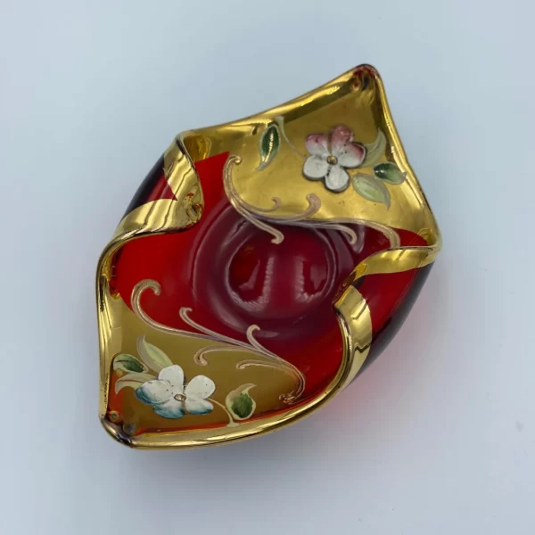 Red Murano glass Venetian gold gilded dish raised enamel flowers