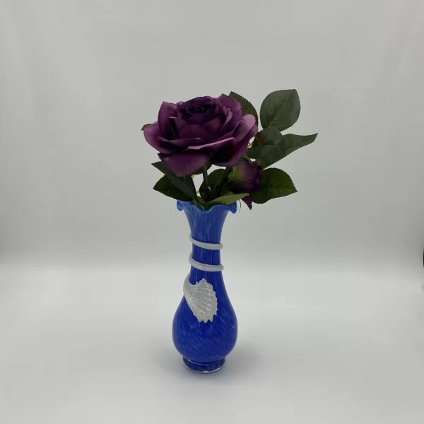 vintage blue murano glass vase with purple rose